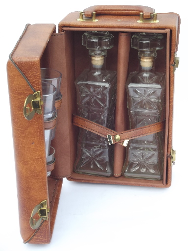 60s vintage portable bar locking travel case, fully equipped w/ decanters