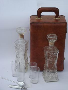 60s vintage portable bar locking travel case, fully equipped w/ decanters