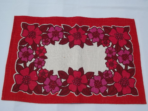 60s vintage printed linen placemats, hand-print flowers red and blue