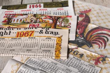 60s vintage printed linen tea towels, kitchen calendar towel lot w/ retro prints