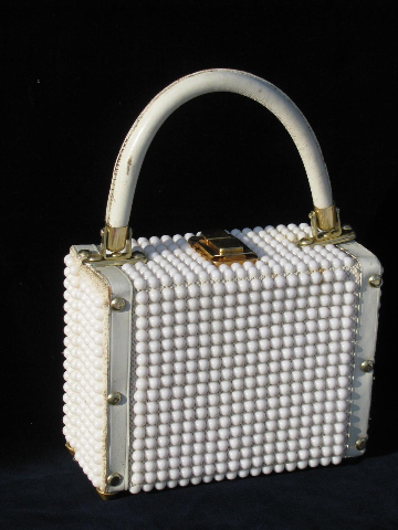 60s vintage purse, retro mod white box bag handbag w/ plastic beads