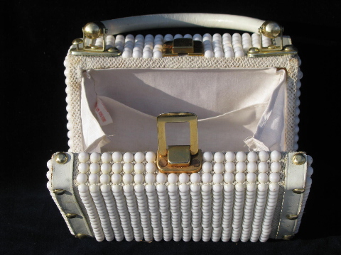 60s vintage purse, retro mod white box bag handbag w/ plastic beads