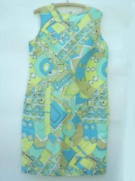 60s vintage shift dress, op-art geometric print, preppy blue & yellow