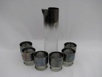 60s vintage silvered glass cocktail set, pitcher & drinks glasses