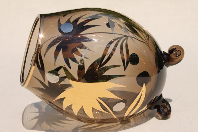 60s vintage smoke brown glass vase, Italian art glass urn w/ metallic gold mod flowers