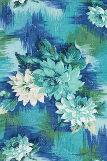 60s vintage soft quilted cotton bedspread, water lilies floral print in blue & green