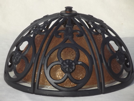 60s vintage Spanish gothic style flush mount ceiling light fixture w/ amber glass shade