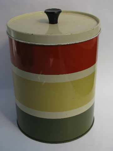 60s vintage striped metal kitchen canisters, retro canister set