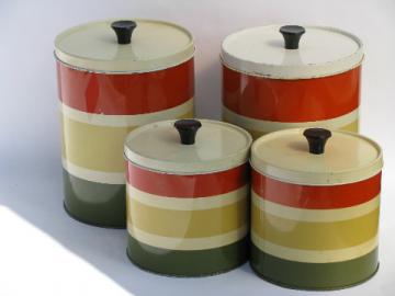 60s vintage striped metal kitchen canisters, retro canister set