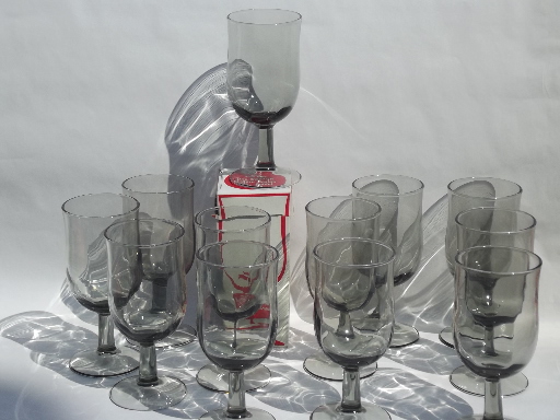 60s vintage Swedish modern grey smoke glass stemware, tulip wine glasses
