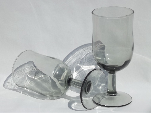 60s vintage Swedish modern grey smoke glass stemware, tulip wine glasses
