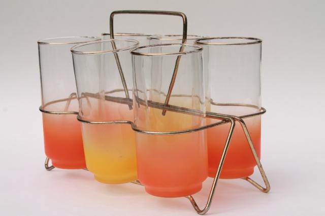 60s vintage wire rack w/ drinking glasses, retro orange & yellow blendo glass tumblers