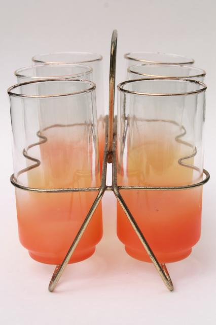 60s vintage wire rack w/ drinking glasses, retro orange & yellow blendo glass tumblers