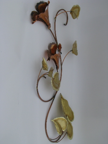60s vintage wrought metal wall art sculpture, branches of copper flowers