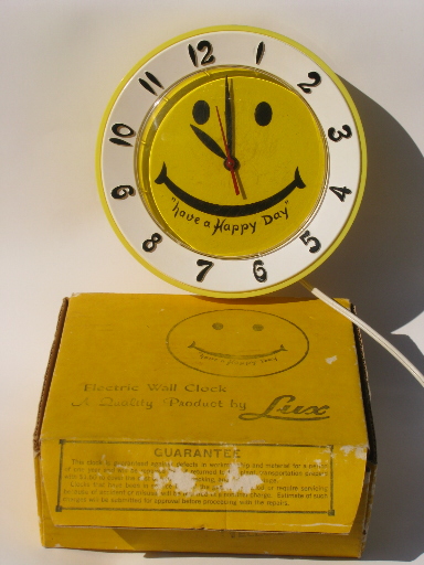 60s vintage yellow smiley face wall clock, happy retro Lux novelty clock