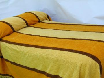 60s-70s retro mod gold and brown striped fuzzy chenille bedspread