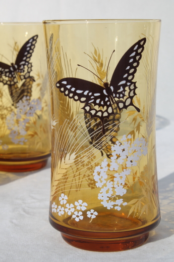 70s 80s vintage drinking glasses w/ butterflies print, Libbey butterfly tumblers