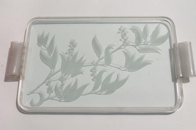 70s 80s vintage etched glass serving tray w/ lucite frame, plastic handles
