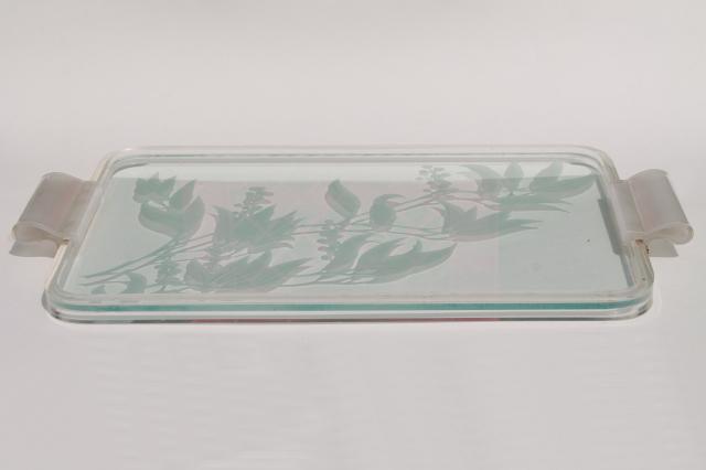 70s 80s vintage etched glass serving tray w/ lucite frame, plastic handles
