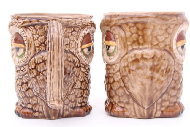70s 80s vintage owl tree mug rack w/ handmade ceramic owls mugs or coffee cups