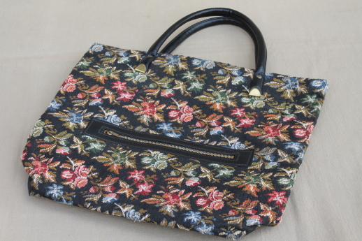 70s 80s vintage tapestry fabric tote bag, purse or handbag w/ zip pocket