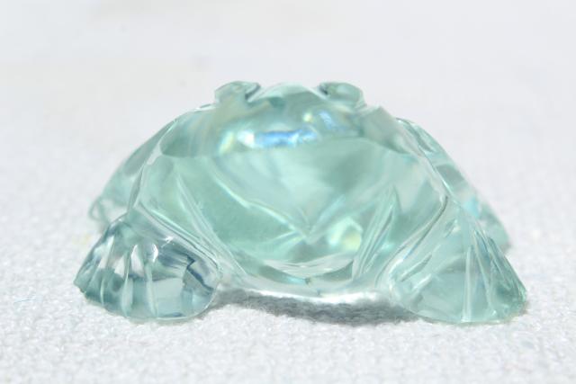 70s Mexican art glass, Aztec carved glass frog fetish, figurine or tiny paperweight