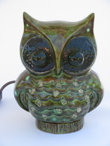 70s hippie vintage handmade ceramic big-eyed owl light, retro TV lamp