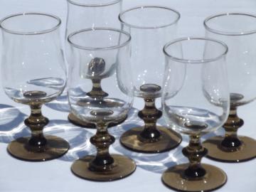 70s Libbey tulip wine glasses, tawny brown smoke & clear glass goblets