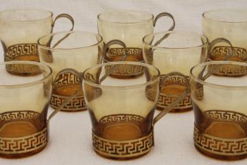70s mod amber bar glasses w/ greek key bands, set of 8 vintage Libbey glass punch cups