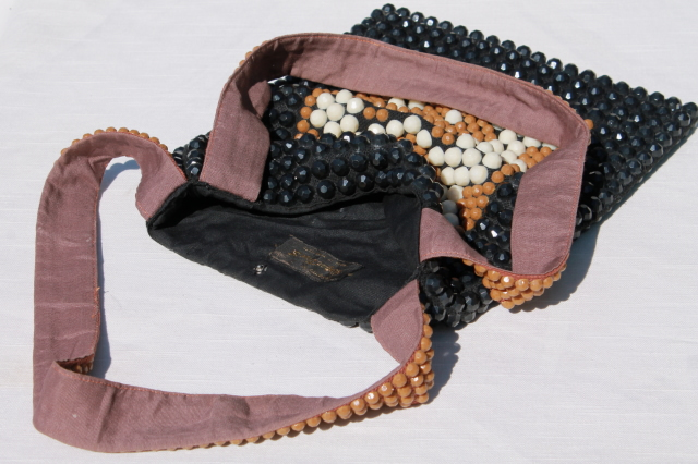 70s mod disco vintage plastic bead shoulder bag purse, tan and black