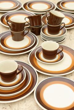 70s mod vintage Imperial Japan stoneware, Mocha brown bands pottery dinnerware set for 8