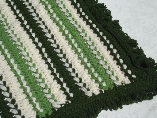 70s retro hairpin lace crochet afghan bedspread,  shades of green & cream