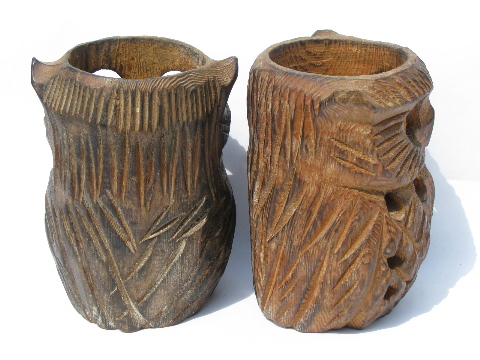 70s retro hand-carved wood owl candle holders, vintage luminaria lamps