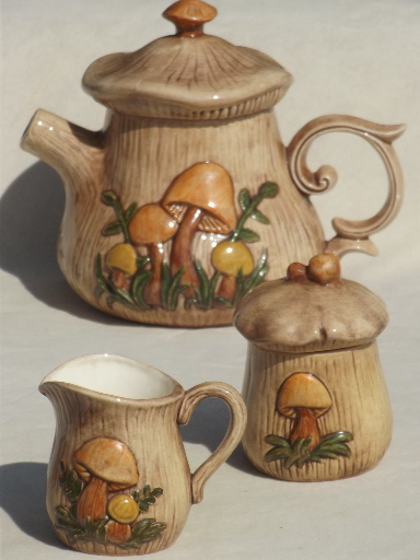 70s retro mushrooms ceramic  kitchen set, vintage tea pot, creamer & sugar