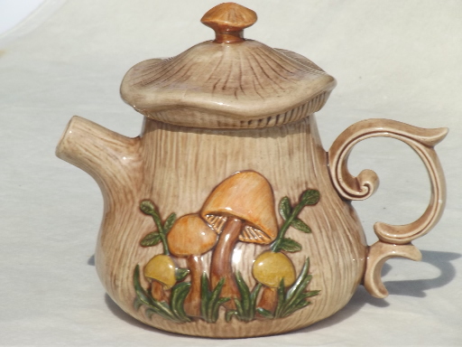 70s retro mushrooms ceramic  kitchen set, vintage tea pot, creamer & sugar