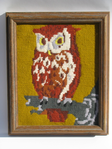 70s retro needlepoint owl picture, framed vintage needlework