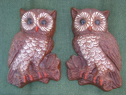 70s retro owls, vintage owl pair wall art plaques