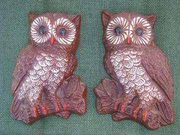 70s retro owls, vintage owl pair wall art plaques