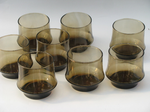 70s retro smoke brown bar glass set of 8, vintage Libbey rocks glasses