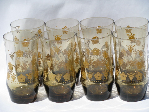 70s tawny brown smoke glasses, retro daisy flowers, set of 8 tumblers