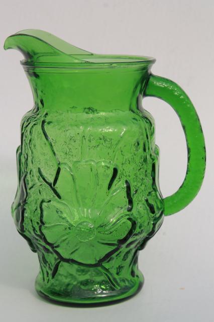 70s vintage Anchor Hocking Rainflower pattern pitcher, retro green glass