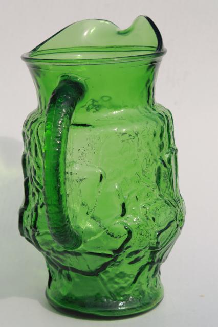 70s vintage Anchor Hocking Rainflower pattern pitcher, retro green glass