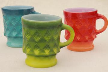 70s vintage Fire King Kimberly glass coffee mugs, retro orange, green, blue