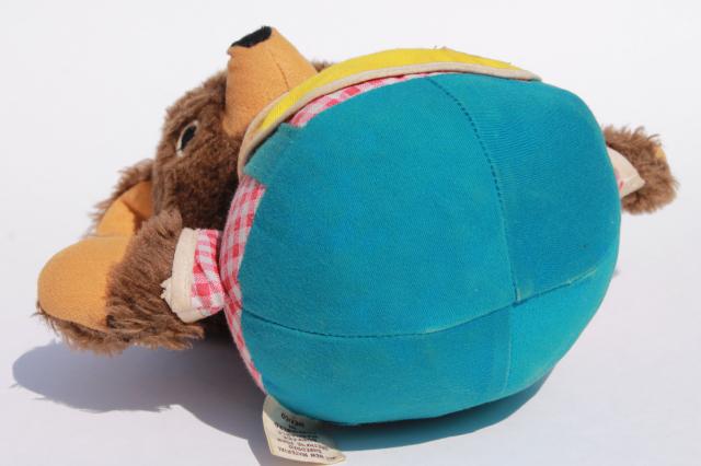 70s vintage Fisher Price roly poly teddy bear chime ball toy, plush chubby cub
