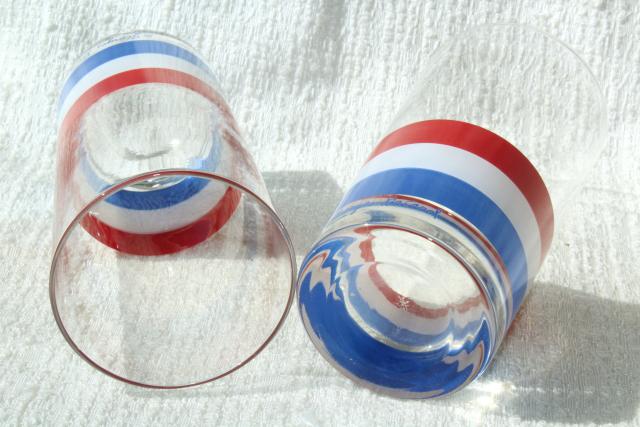 70s vintage Georges Briard glassware, mod red white blue stripes tall tumbler drinking glasses