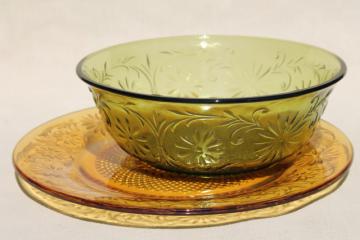 70s vintage Indiana glass depression daisy dishes, amber wheat gold & avocado green