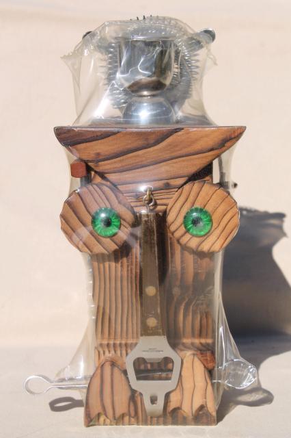 70s vintage Kooky Character barware set, rustic weird wood owl w/ bar tools