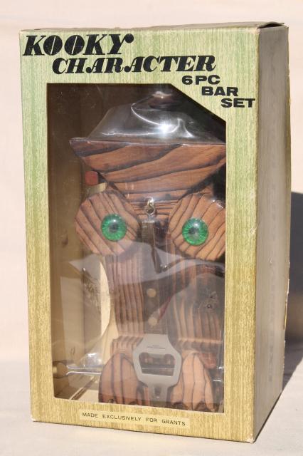 70s vintage Kooky Character barware set, rustic weird wood owl w/ bar tools