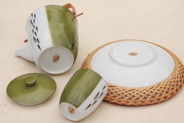 70s vintage Sango Japan Japanese china tea set - rattan handle teapot, tea glasses, bowl