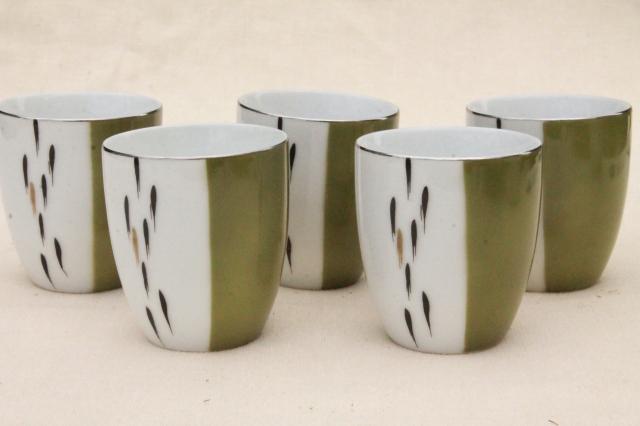 70s vintage Sango Japan Japanese china tea set - rattan handle teapot, tea glasses, bowl